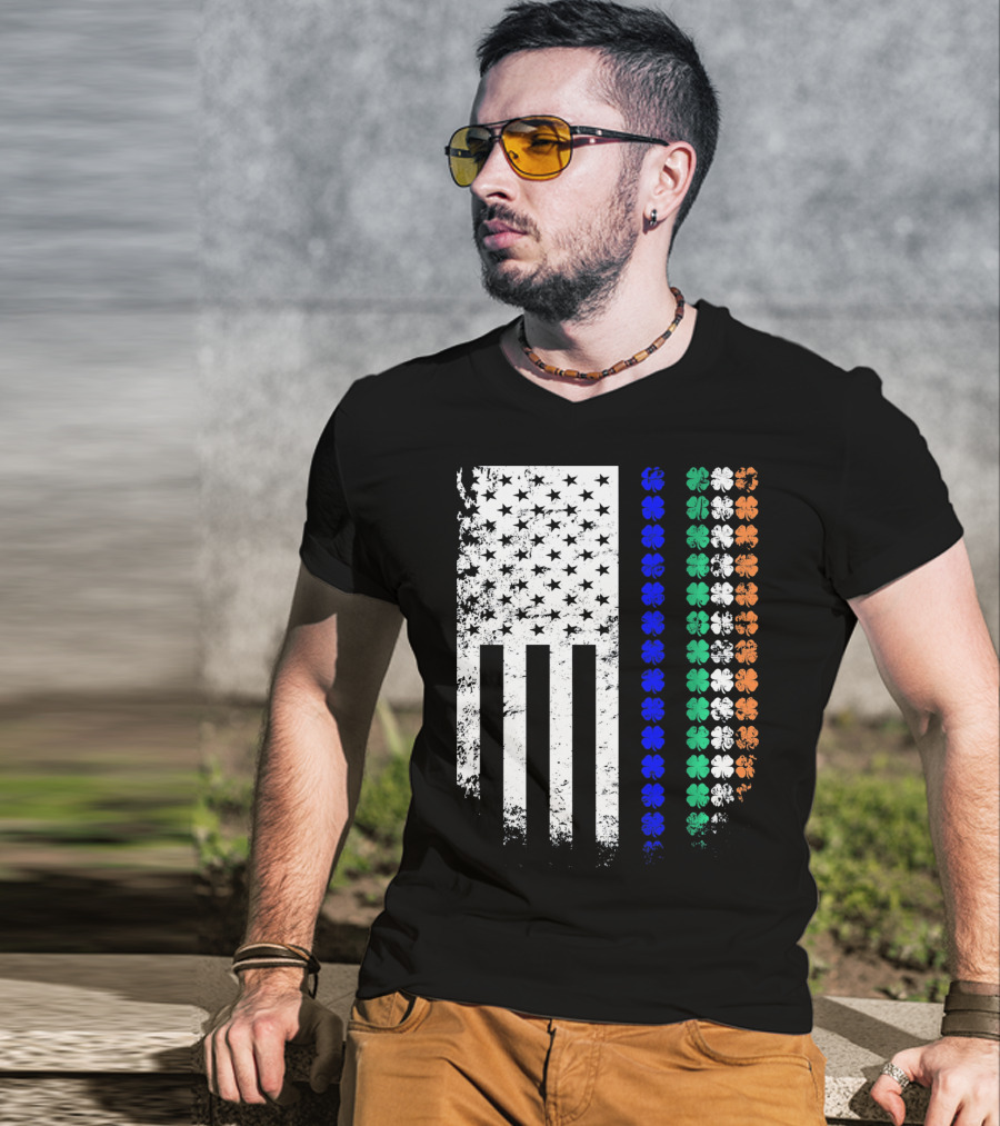American Flag Irish Police Officer Shamrock Line T-Shirt