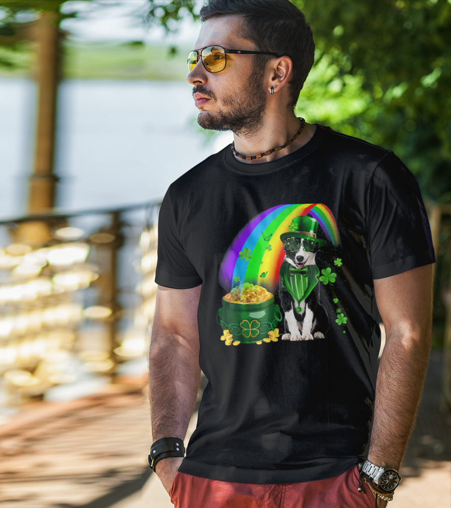 Border Collie Irish Leprechaun With Rainbow And Pot Of Gold Coins T-Shirt