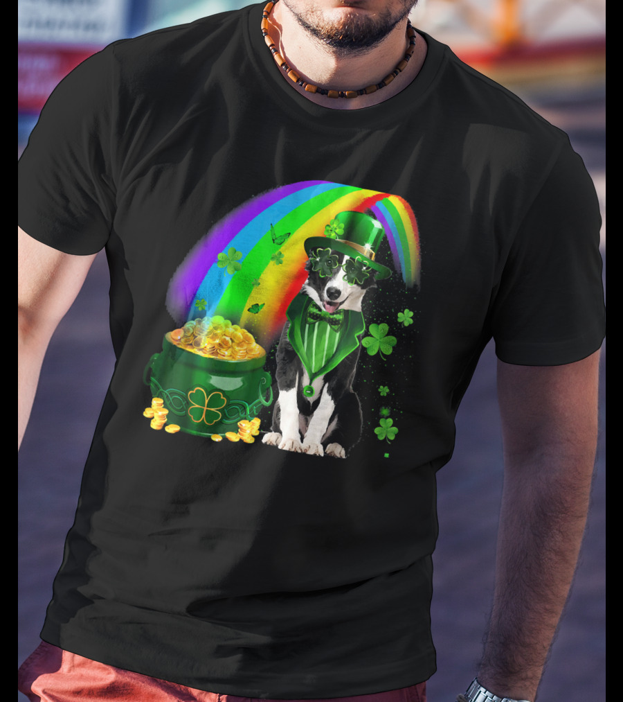 Border Collie Irish Leprechaun With Rainbow And Pot Of Gold Coins T-Shirt