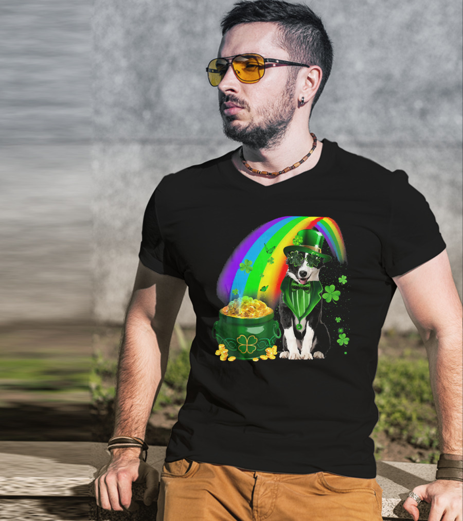 Border Collie Irish Leprechaun With Rainbow And Pot Of Gold Coins T-Shirt