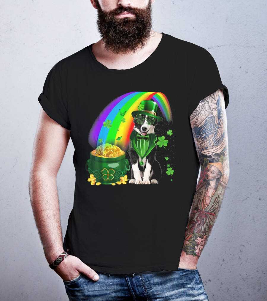 Border Collie Irish Leprechaun With Rainbow And Pot Of Gold Coins T-Shirt