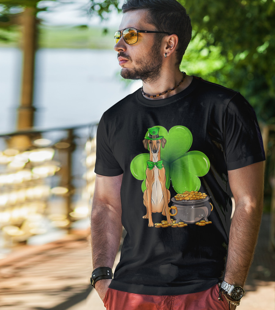 Sloughi Dog With Leprechaun Hat And Clover St Patricks Day Pot Of Gold T-Shirt