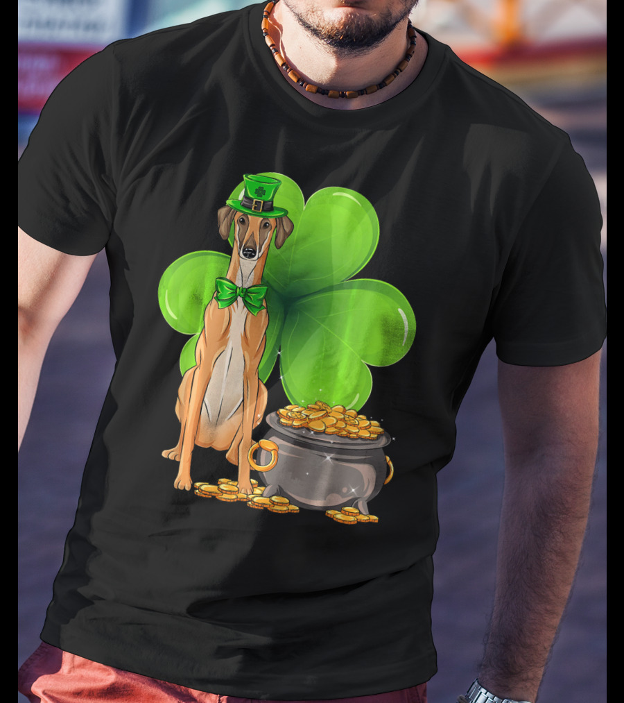 Sloughi Dog With Leprechaun Hat And Clover St Patricks Day Pot Of Gold T-Shirt