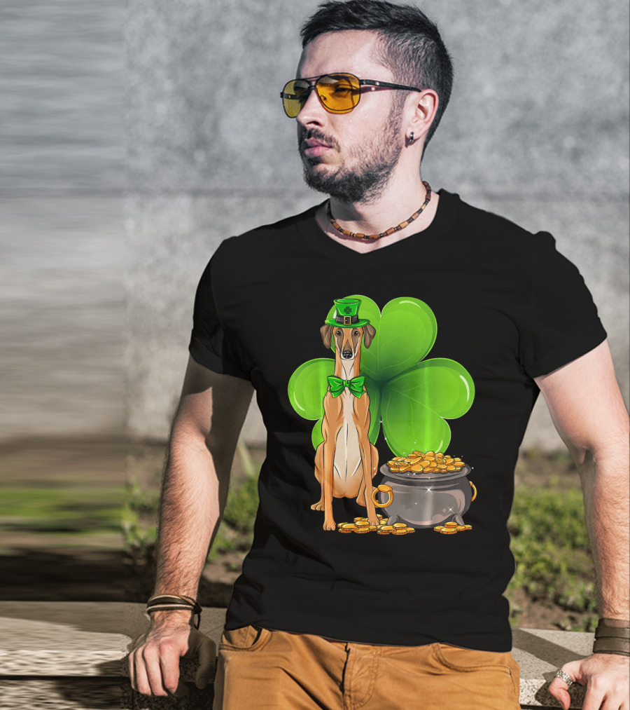 Sloughi Dog With Leprechaun Hat And Clover St Patricks Day Pot Of Gold T-Shirt