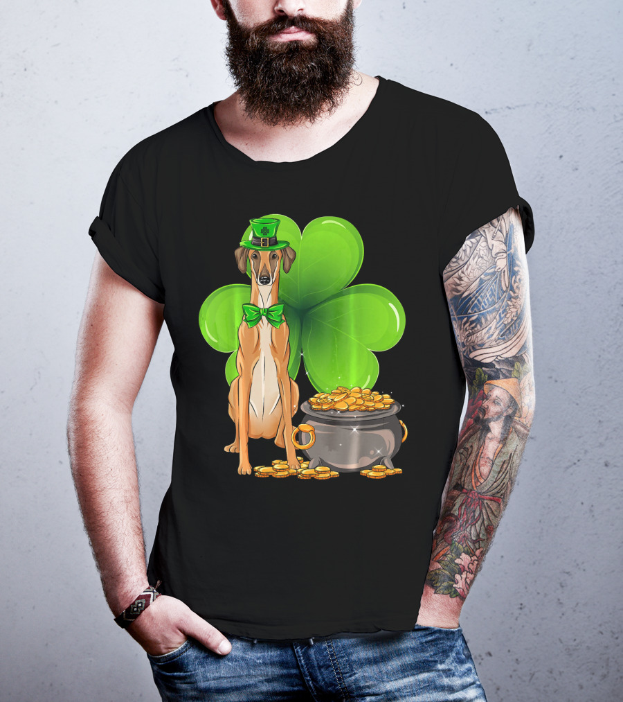 Sloughi Dog With Leprechaun Hat And Clover St Patricks Day Pot Of Gold T-Shirt