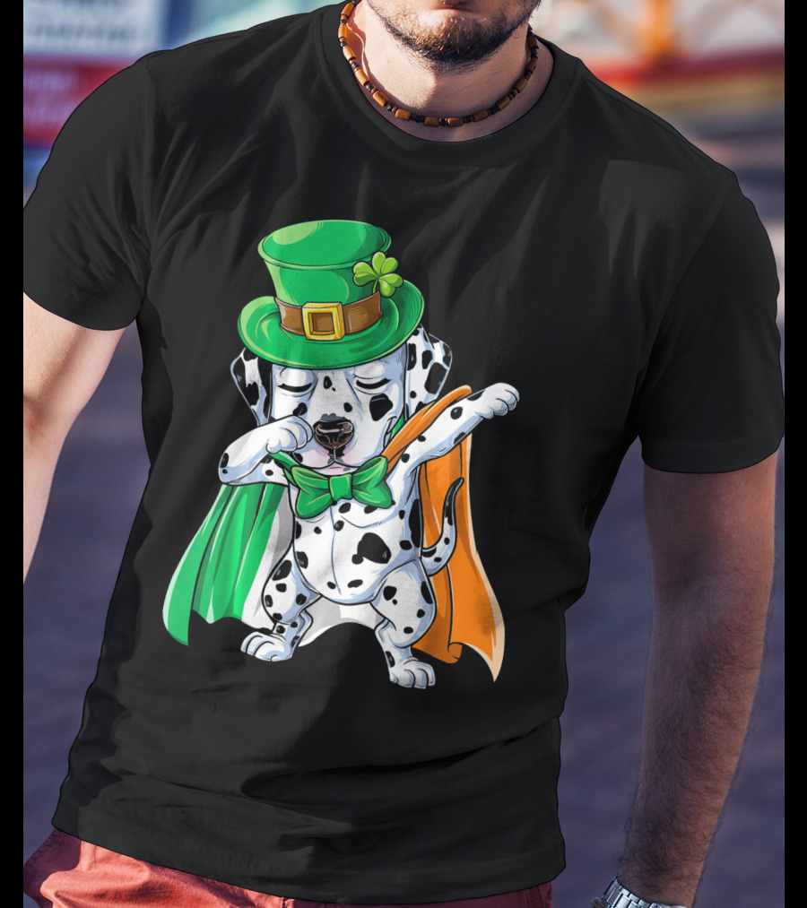 Saint Patrick's Day Dabbing Dalmatian In Green Hat And Irish Colors T-Shirt