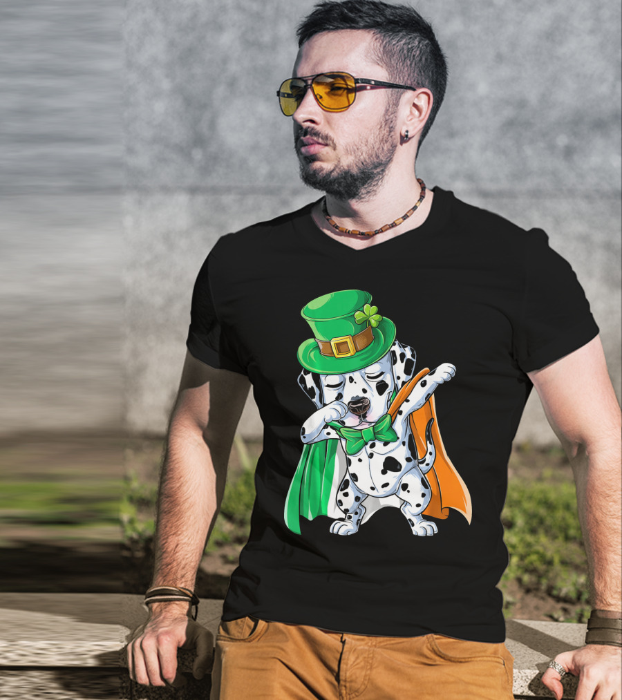 Saint Patrick's Day Dabbing Dalmatian In Green Hat And Irish Colors T-Shirt