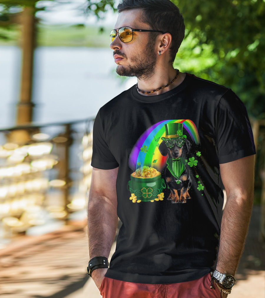 Dachshund Dog Irish Leprechaun With Pot Of Gold And Rainbow T-Shirt