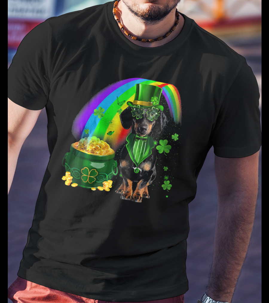 Dachshund Dog Irish Leprechaun With Pot Of Gold And Rainbow T-Shirt