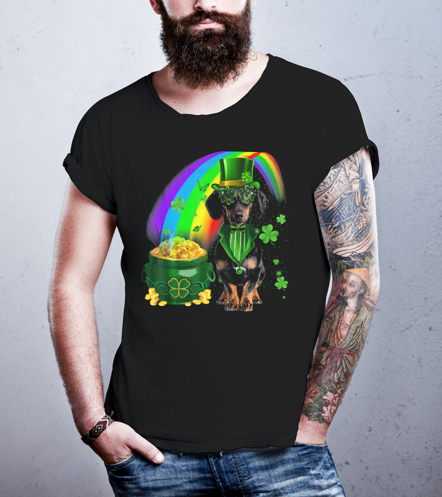 Dachshund Dog Irish Leprechaun With Pot Of Gold And Rainbow T-Shirt