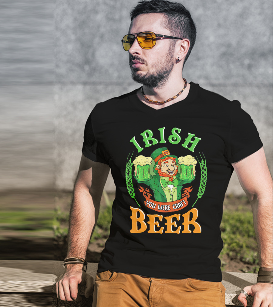 Irish You Were Craft Beer Green Leprechaun Cheers With Shamrocks T-Shirt