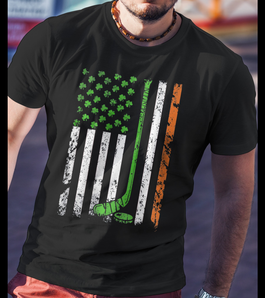 Irish American Hockey Flag With Shamrocks And Hockey Stick T-Shirt