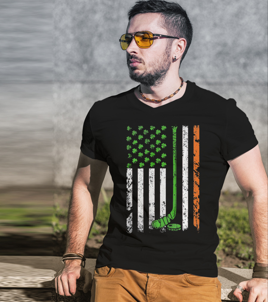 Irish American Hockey Flag With Shamrocks And Hockey Stick T-Shirt