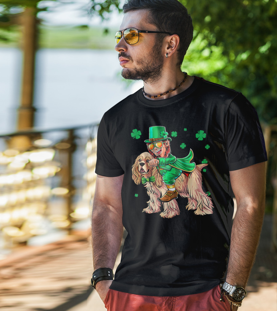 Leprechaun Riding Cocker Spaniel With Shamrocks T-Shirt