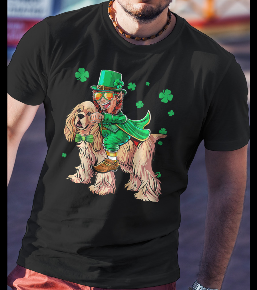 Leprechaun Riding Cocker Spaniel With Shamrocks T-Shirt