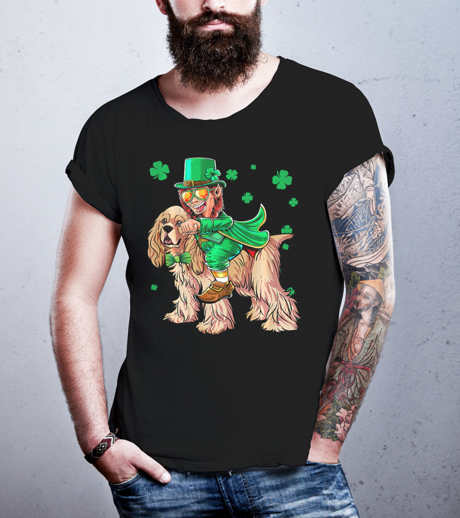 Leprechaun Riding Cocker Spaniel With Shamrocks T-Shirt