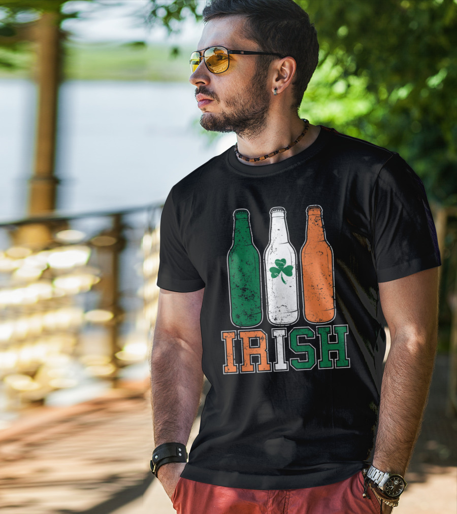 IRISH St Paddys Day Drinking Bottles With Shamrock Flag T-Shirt