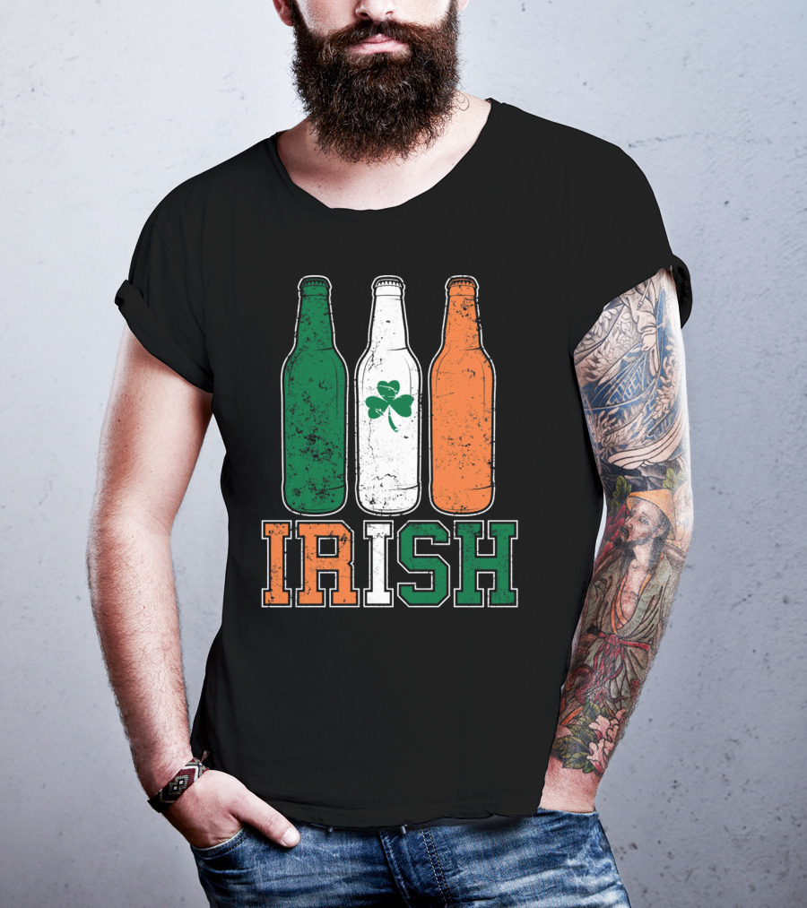 IRISH St Paddys Day Drinking Bottles With Shamrock Flag T-Shirt