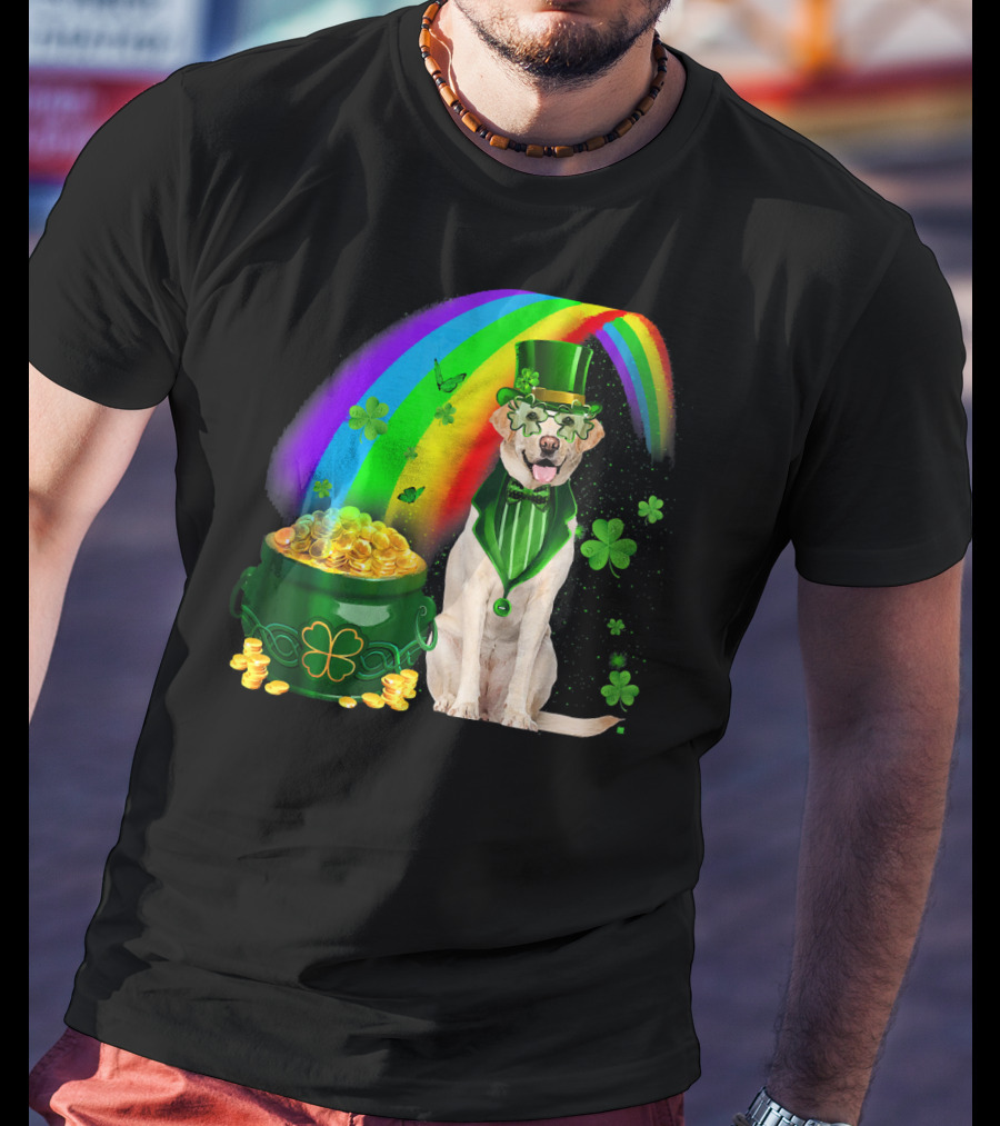 Labrador Dog Leprechaun With Rainbow Coins And Shamrock Saint Patrick's Day Irish Charm T-Shirt