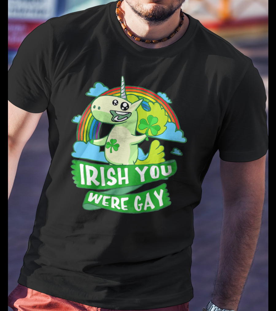 Unicorn Irish You Were Gay Rainbow Shamrock Clouds T-Shirt