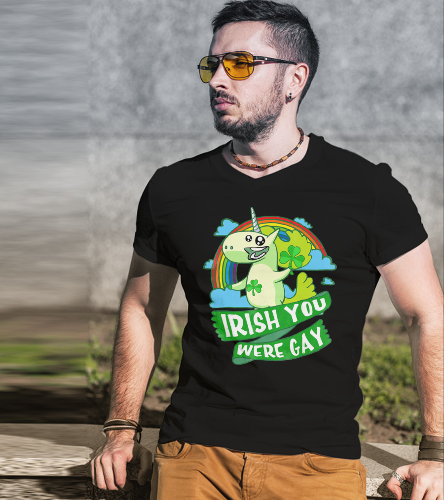 Unicorn Irish You Were Gay Rainbow Shamrock Clouds T-Shirt