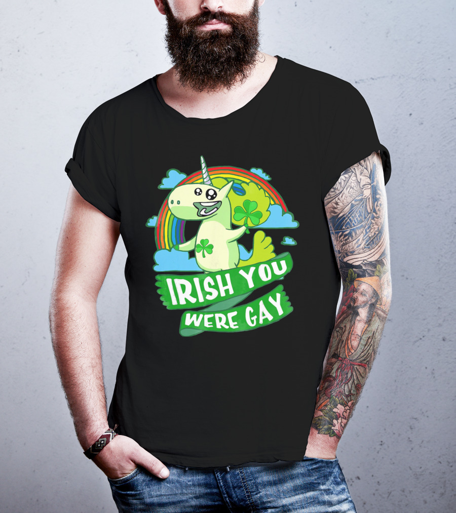 Unicorn Irish You Were Gay Rainbow Shamrock Clouds T-Shirt