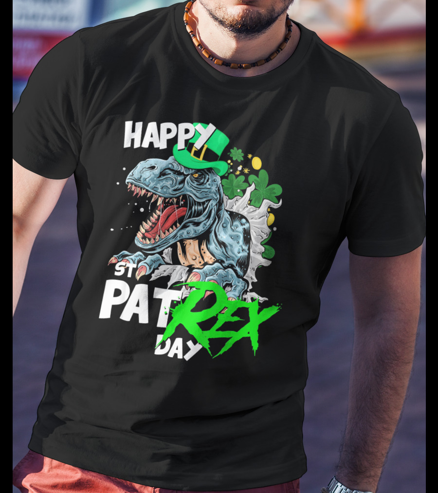 St Patricks Day Rex Happy Pat With Leprechaun Hat And Shamrocks T-Shirt