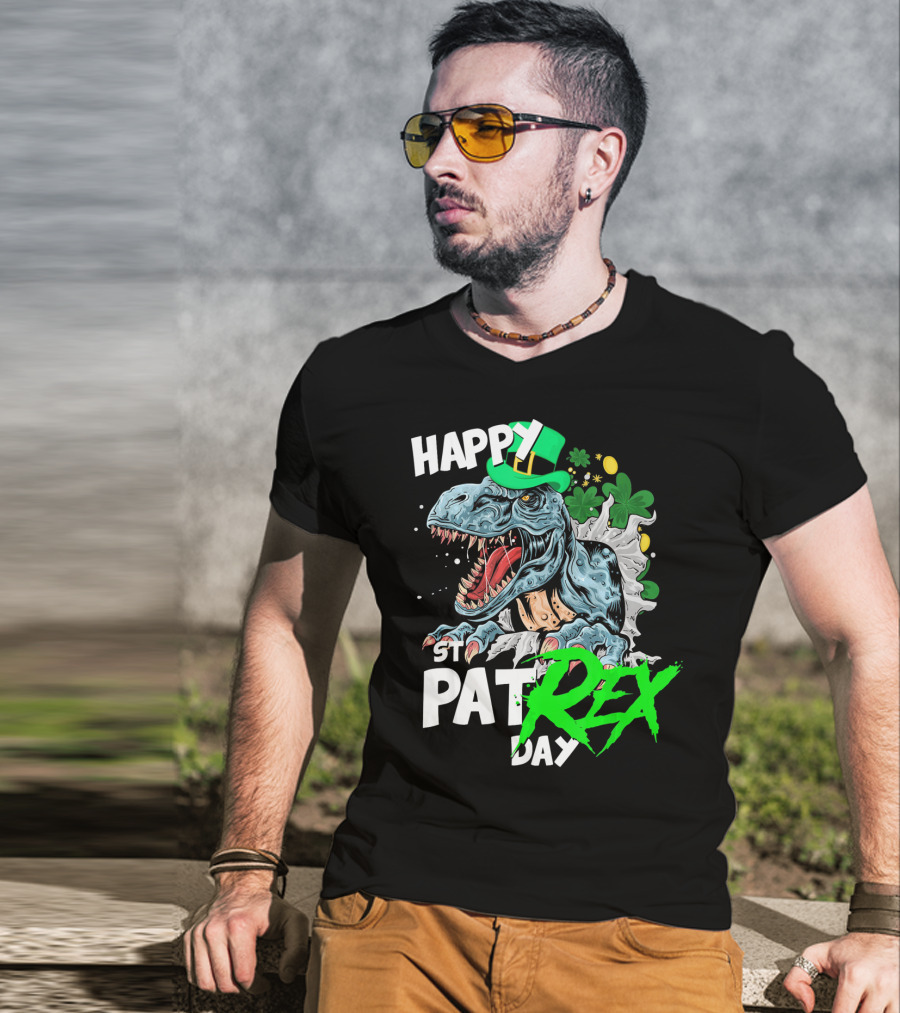 St Patricks Day Rex Happy Pat With Leprechaun Hat And Shamrocks T-Shirt