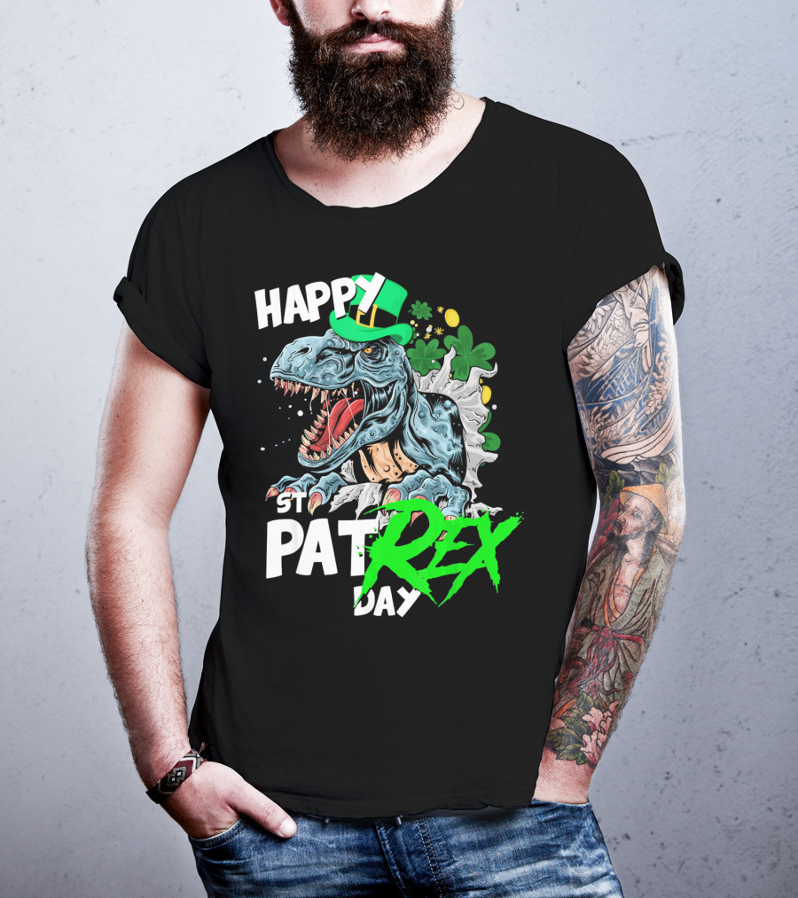 St Patricks Day Rex Happy Pat With Leprechaun Hat And Shamrocks T-Shirt