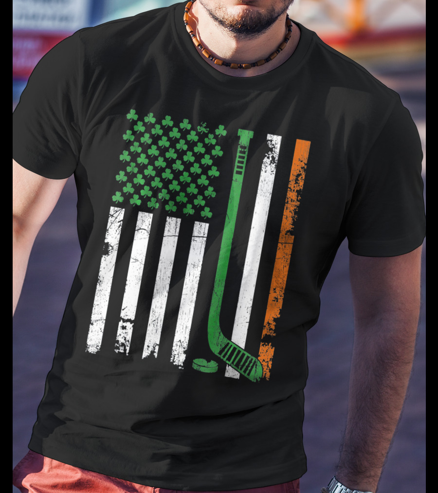 Irish American Flag Shamrock Hockey Stick T-Shirt
