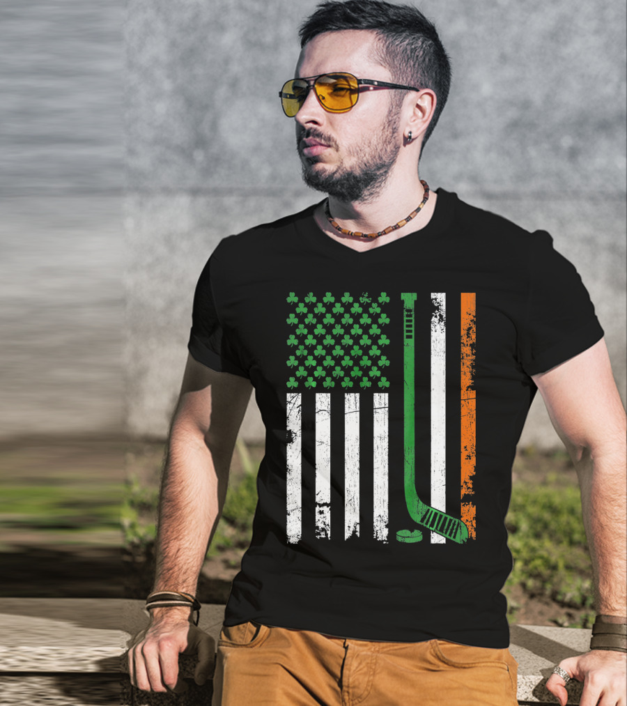 Irish American Flag Shamrock Hockey Stick T-Shirt