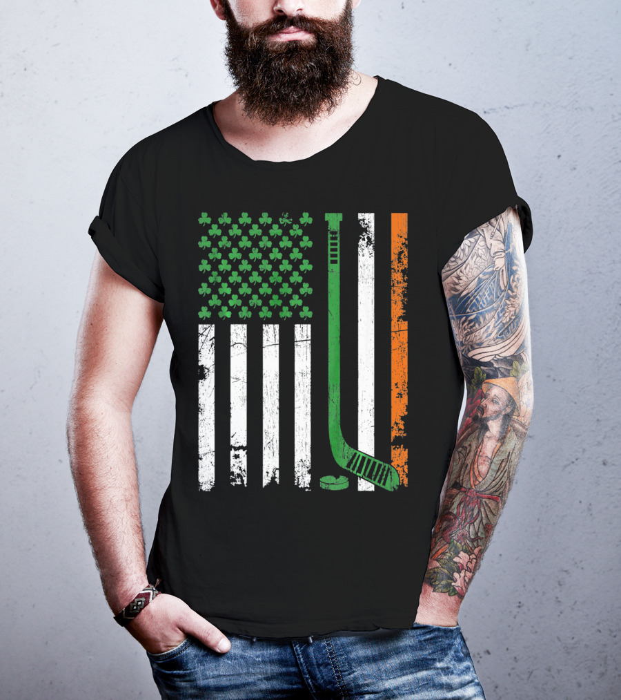 Irish American Flag Shamrock Hockey Stick T-Shirt