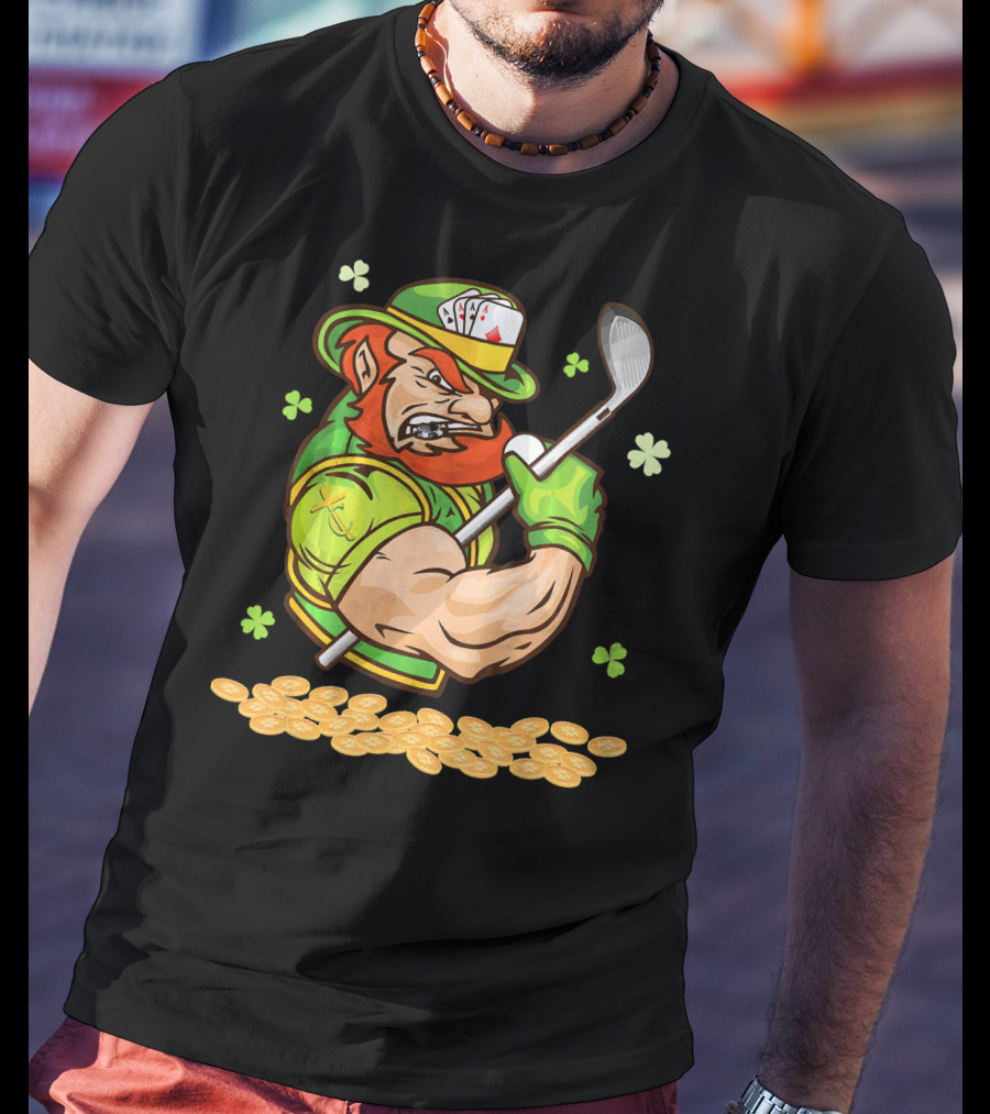 Leprechaun Swinging Golf Club Surrounded By Shamrocks And Gold Coins T-Shirt