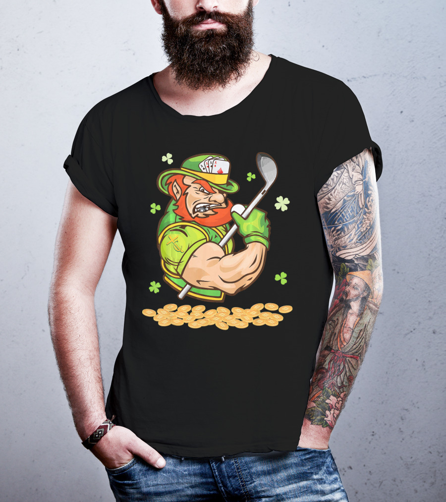 Leprechaun Swinging Golf Club Surrounded By Shamrocks And Gold Coins T-Shirt