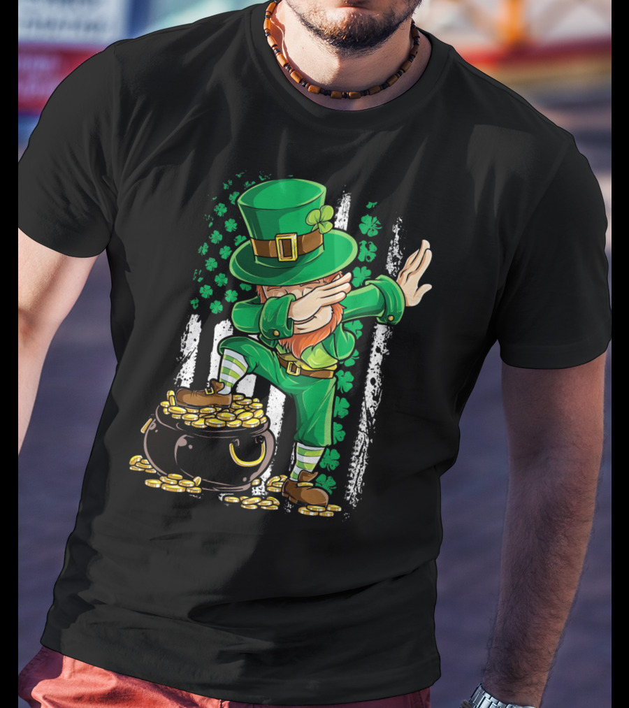 Dabbing Leprechaun With Shamrocks And Gold Coins Irish American T-Shirt