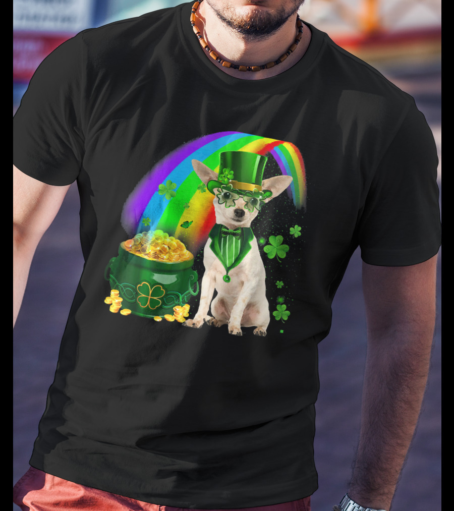 Chihuahua Irish Leprechaun With Shamrock And Rainbow Coin Pot T-Shirt