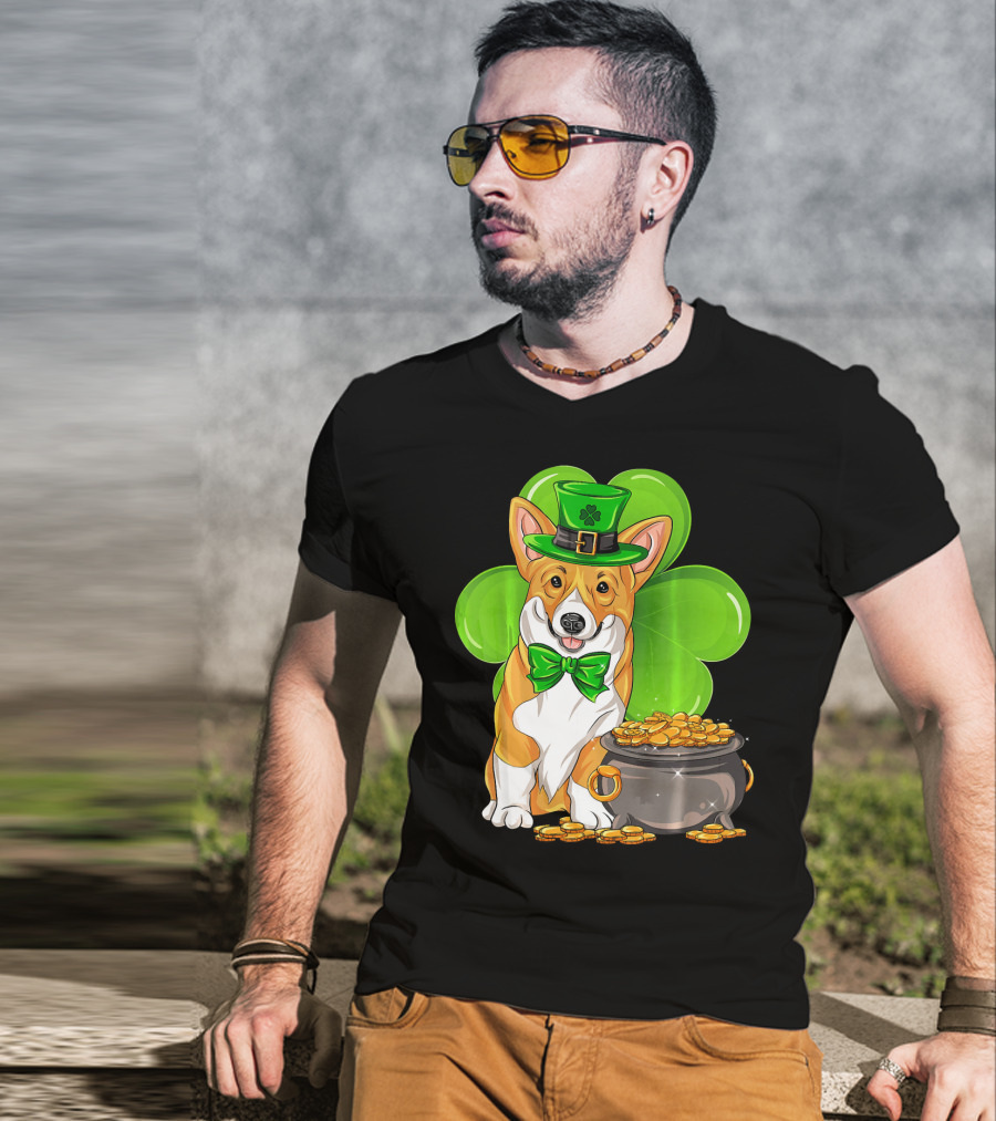 Pembroke Welsh Corgi St Patricks Day Leprechaun Hat Shamrock Pot Of Gold T-Shirt