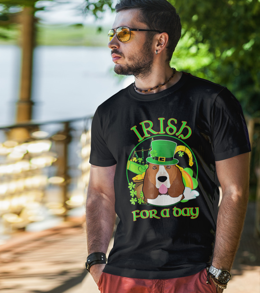 Irish For A Day Basset Hound Dog With Leprechaun Hat And Shamrocks T-Shirt