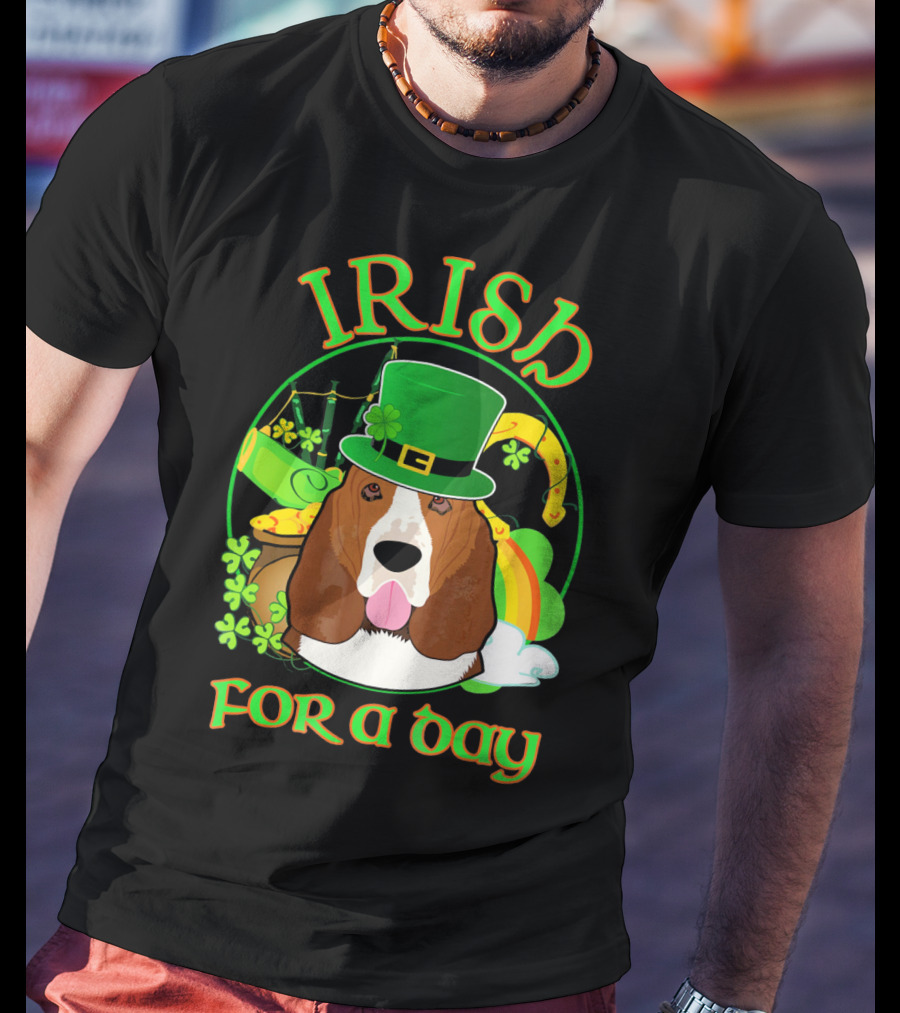 Irish For A Day Basset Hound Dog With Leprechaun Hat And Shamrocks T-Shirt