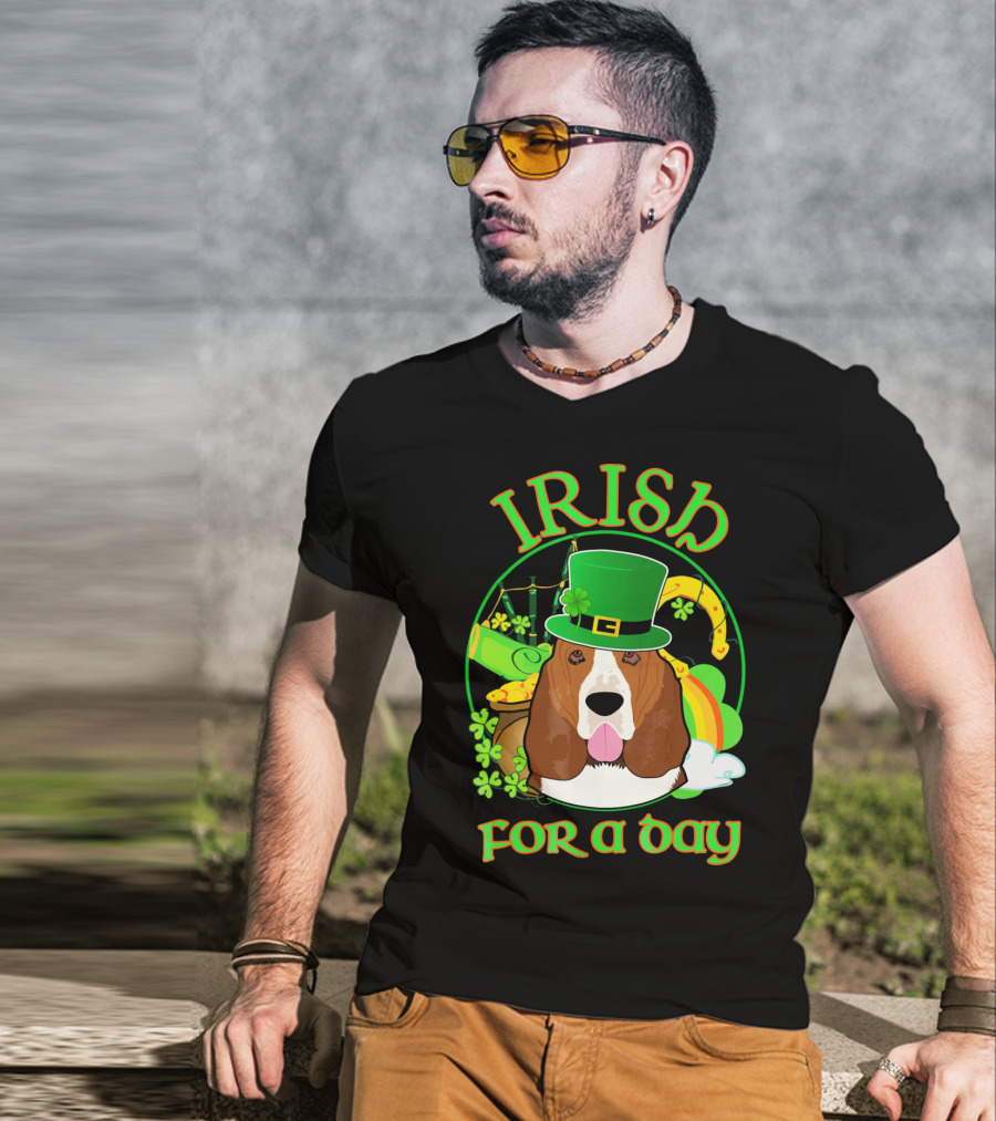 Irish For A Day Basset Hound Dog With Leprechaun Hat And Shamrocks T-Shirt