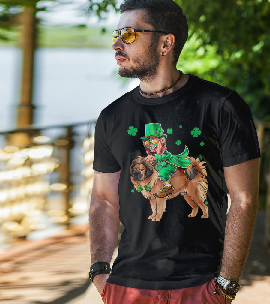 Leprechaun Riding Tibetan Mastiff With Shamrocks T-Shirt