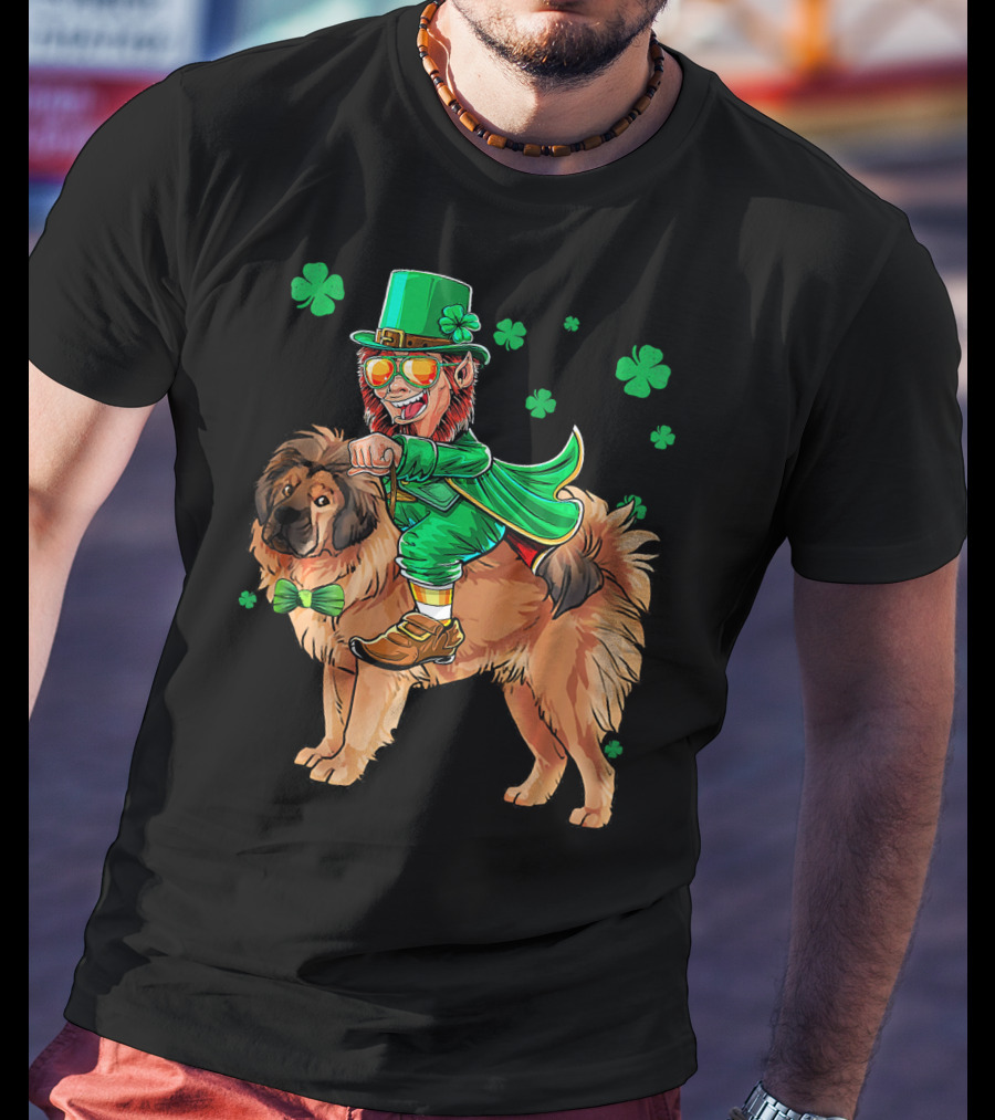 Leprechaun Riding Tibetan Mastiff With Shamrocks T-Shirt