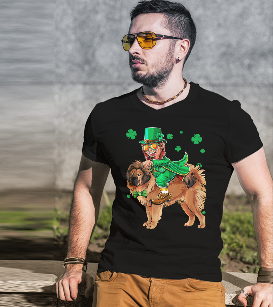 Leprechaun Riding Tibetan Mastiff With Shamrocks T-Shirt
