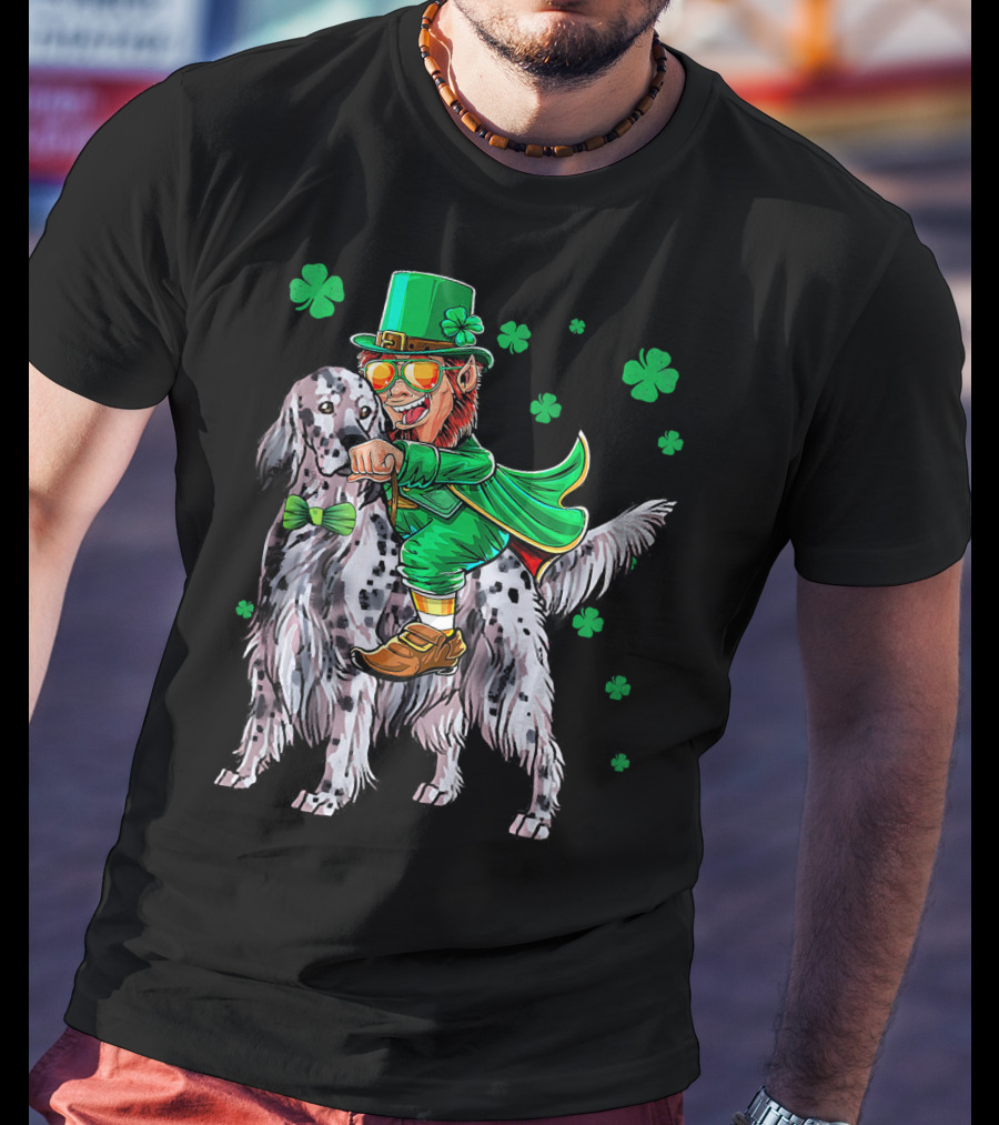 Leprechaun Riding English Setter With Shamrocks T-Shirt