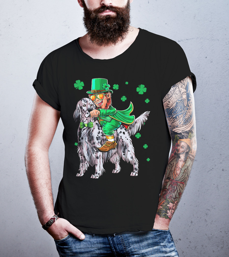 Leprechaun Riding English Setter With Shamrocks T-Shirt