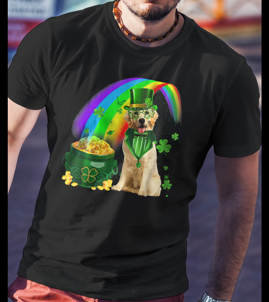 Golden Retrievers Dog Irish Leprechaun Rainbow Gold T-Shirt