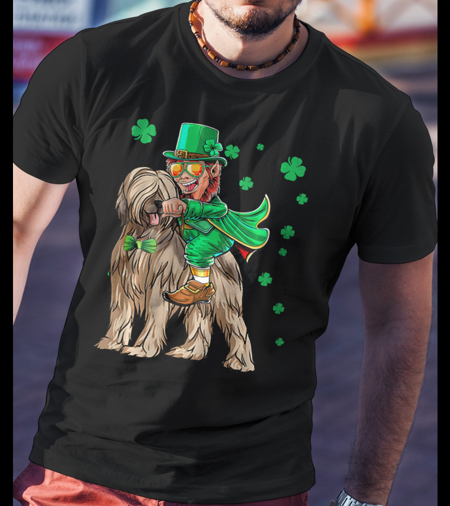 Leprechaun With Briard Surrounded By Shamrocks For St. Patrick's Day T-Shirt