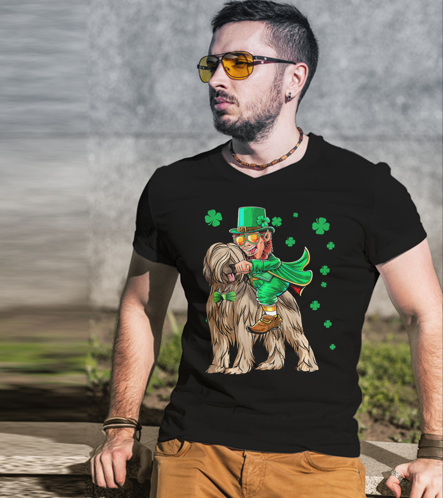 Leprechaun With Briard Surrounded By Shamrocks For St. Patrick's Day T-Shirt