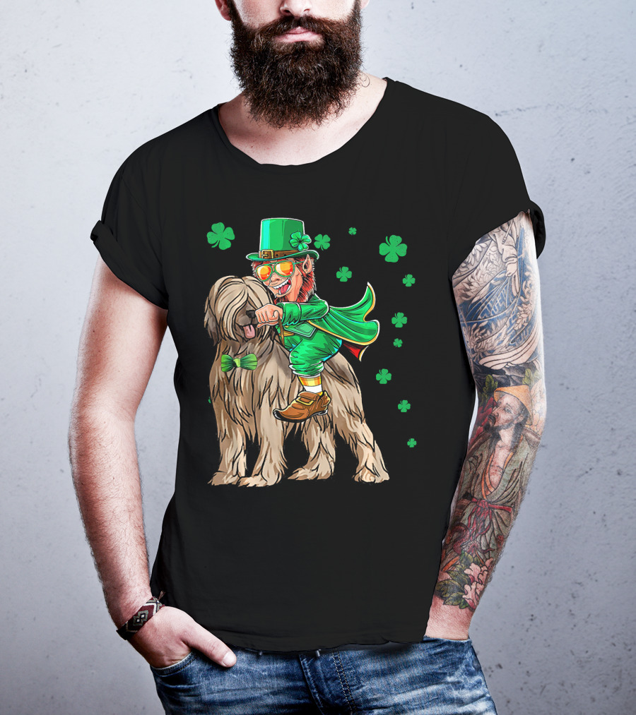 Leprechaun With Briard Surrounded By Shamrocks For St. Patrick's Day T-Shirt