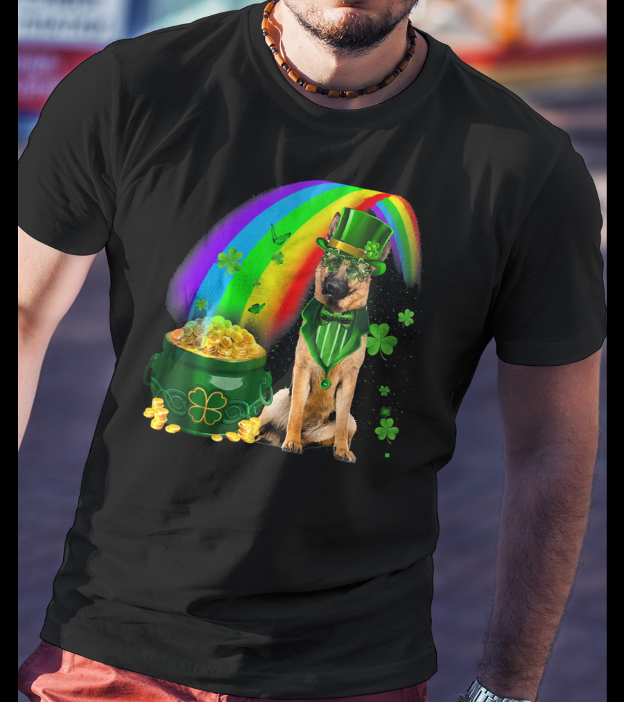 German Shepherd Irish Leprechaun Rainbow Pot Of Gold Shamrock T-Shirt